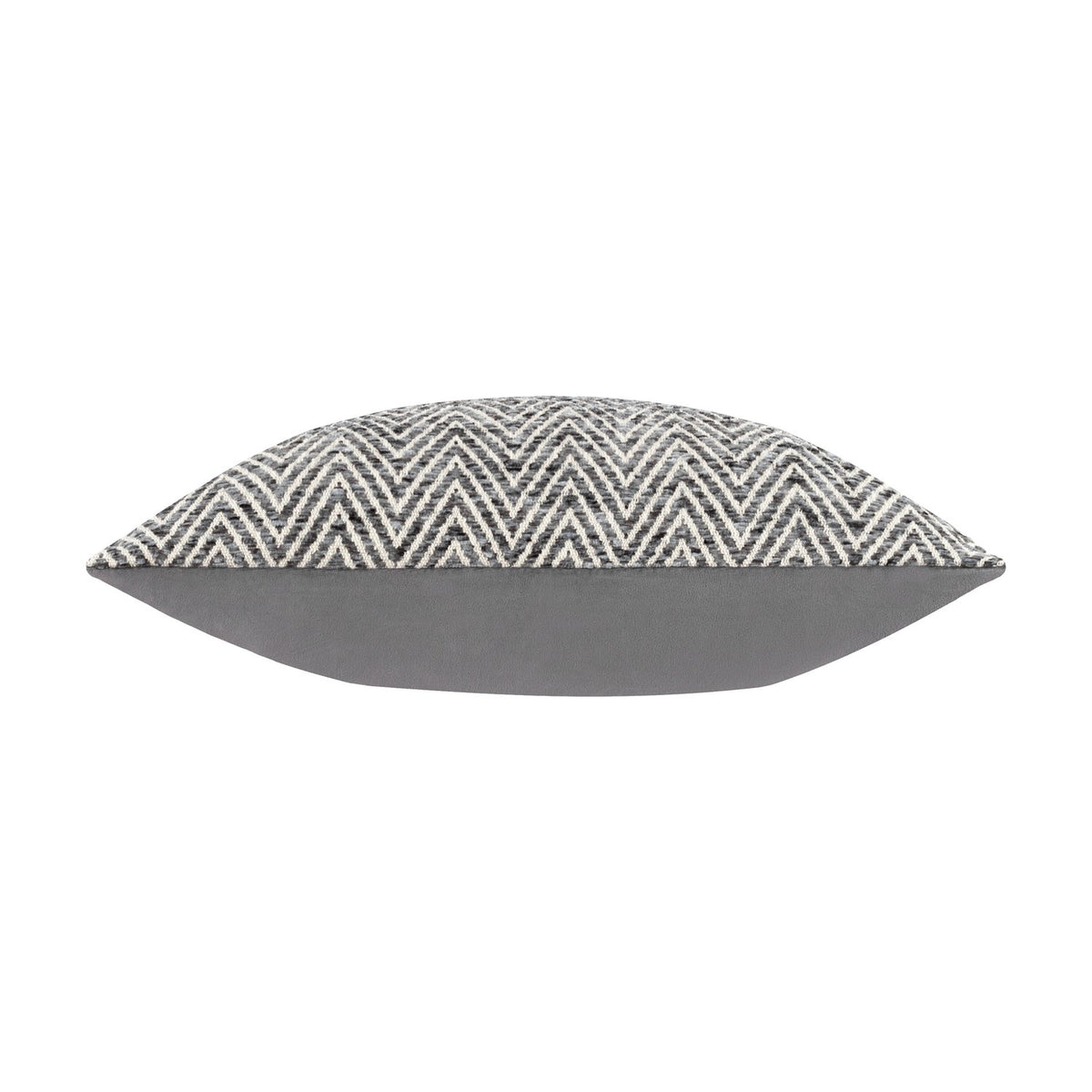 Croft Plain Velvet Cushion in Charcoal, side view showing charcoal and cream chevron woven front and smooth grey velvet reverse, on a plain white background.