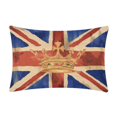Rectangular cotton cushion woven with a Union Jack design in blue, red and cream, featuring a gold crown motif at the centre, shown on a plain white background.