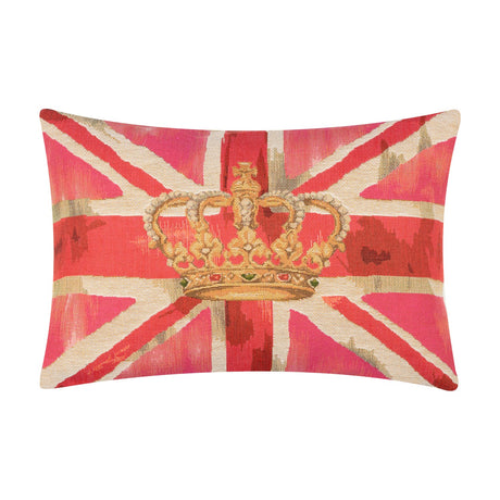 Rectangular cotton cushion with a woven Union Jack design in pink, coral and cream tones, featuring a gold crown motif with red and green accents at the centre, shown on a plain white background.