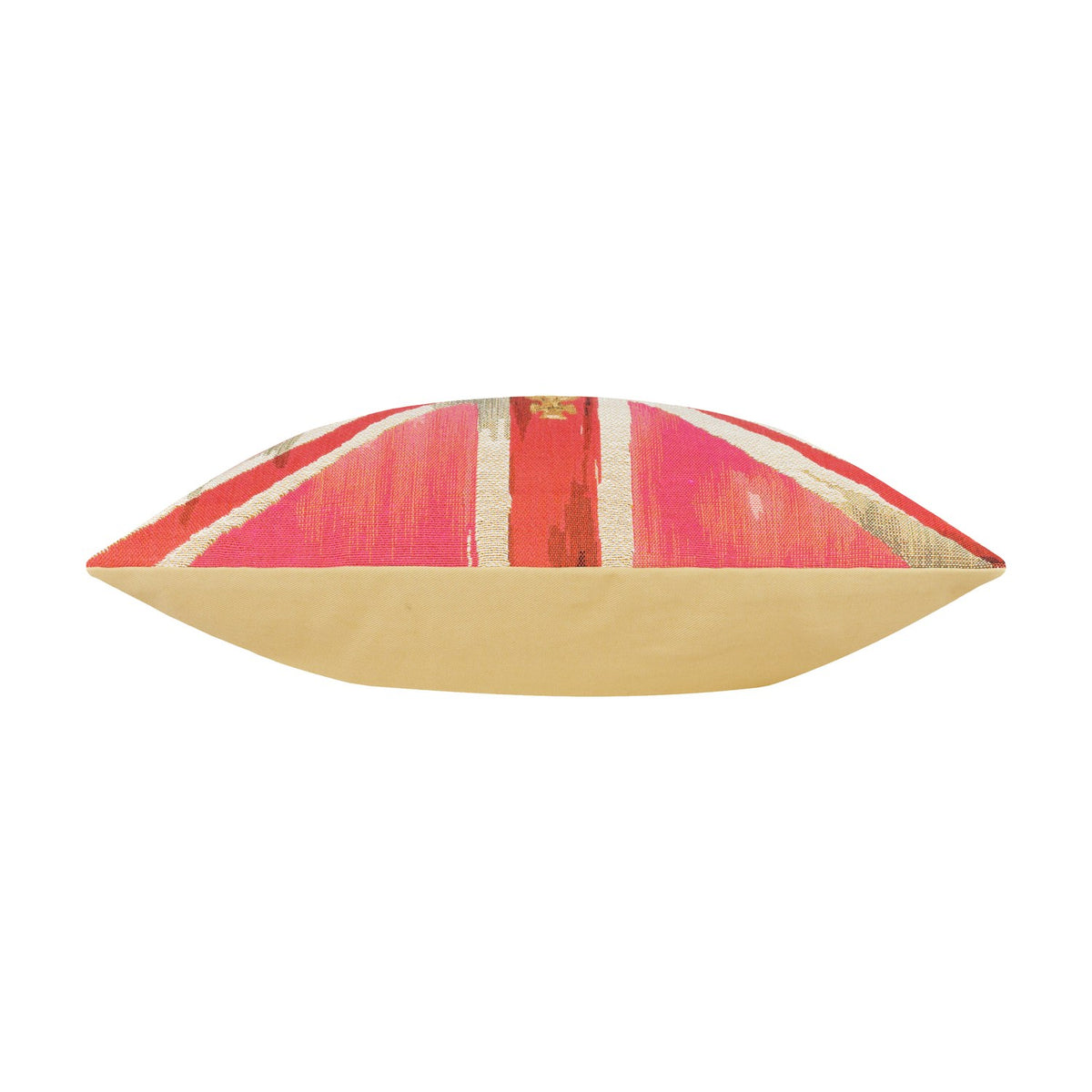 Side view of the Crown Union Jack Plain Cotton Cushion in pink, showing a woven tapestry front in coral and cream Union Jack stripes with a plain gold cotton back, on a white background.