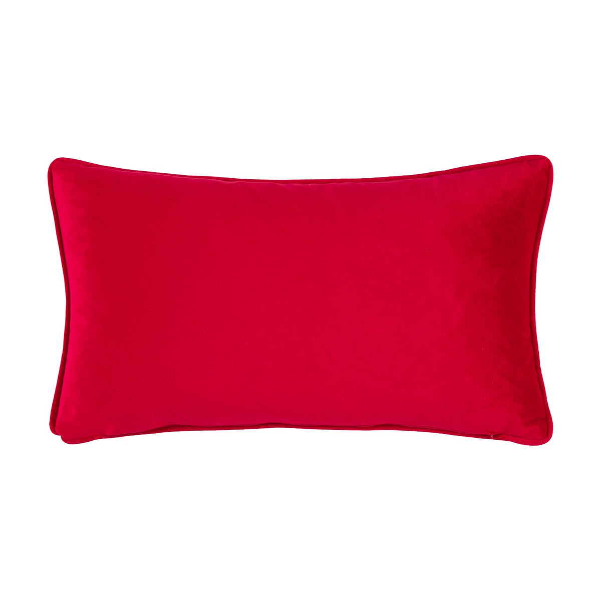 Rectangular red velvet bolster cushion, plain reverse side shown, on a white background.
