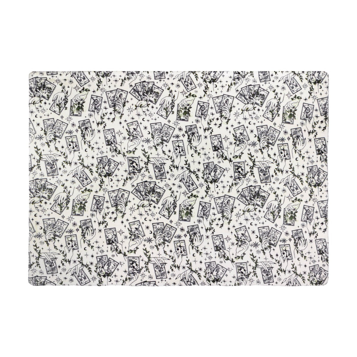 Celestial Stories printed polyester throw in cream, featuring charcoal tarot card, hand, star, moon and leaf motifs with green foliage accents, shown flat on a plain background.