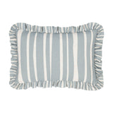 Carmon Stripe rectangular linen cushion with vertical blue and cream stripes and a gathered ruffle trim edge, shown on a plain white background.