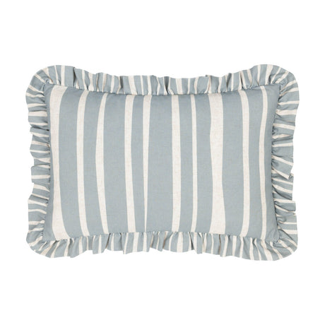 Carmon Stripe rectangular linen cushion with vertical blue and cream stripes and a gathered ruffle trim edge, shown on a plain white background.