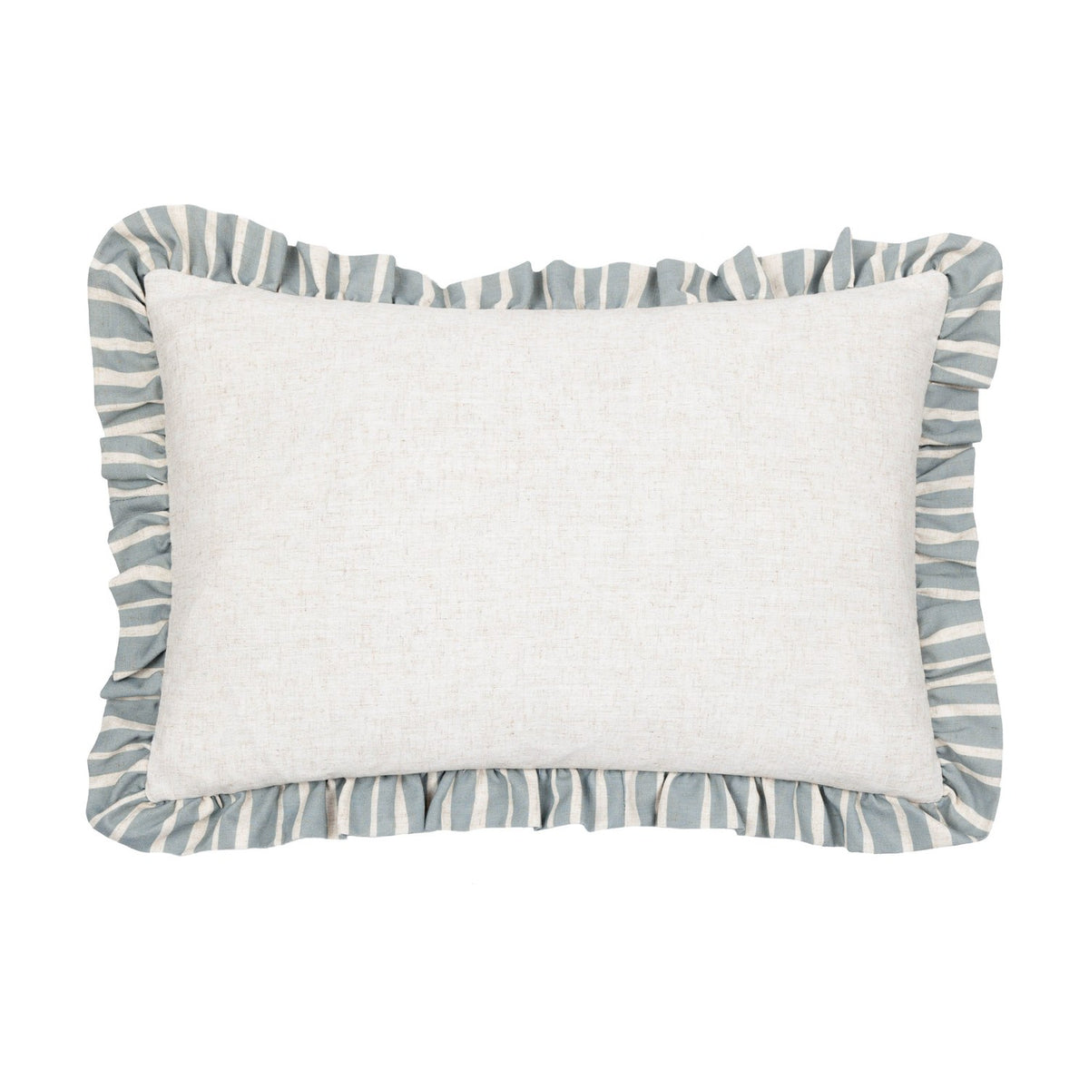 Carmon Stripe Plain Linen Cushion in linen/blue, rectangular with a plain cream front, blue and white striped ruffle trim edge, shown on a plain white background.