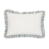 Carmon Stripe Plain Linen Cushion in linen/blue, rectangular with a plain cream front, blue and white striped ruffle trim edge, shown on a plain white background.