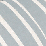 Close-up of the Carmon Stripe cushion showing soft blue and cream vertical stripes on a linen-blend woven fabric.