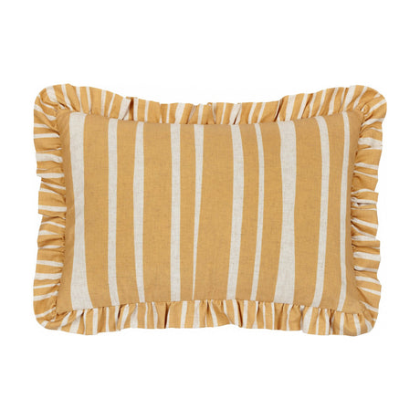 Carmon Stripe rectangular linen cushion in ochre and cream vertical stripes with a gathered ruffle trim, shown on a plain white background.