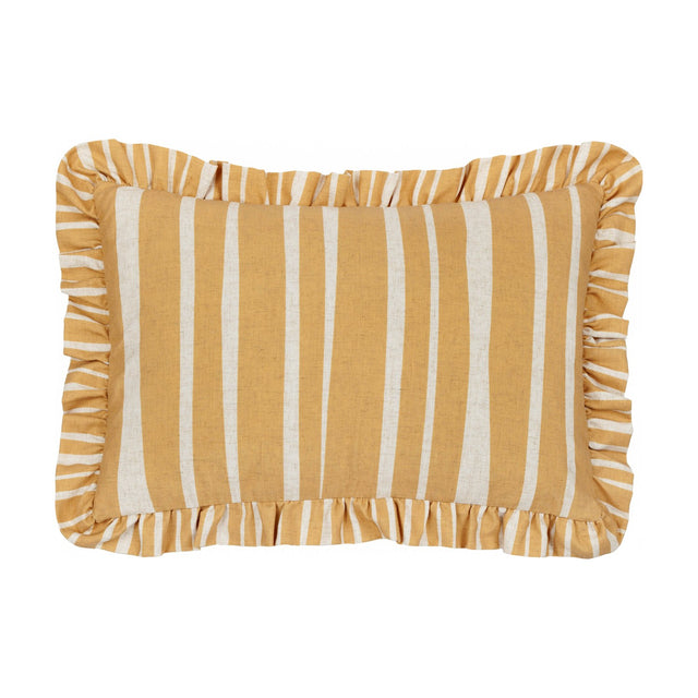 Carmon Stripe rectangular linen cushion in ochre and cream vertical stripes with a gathered ruffle trim, shown on a plain white background.