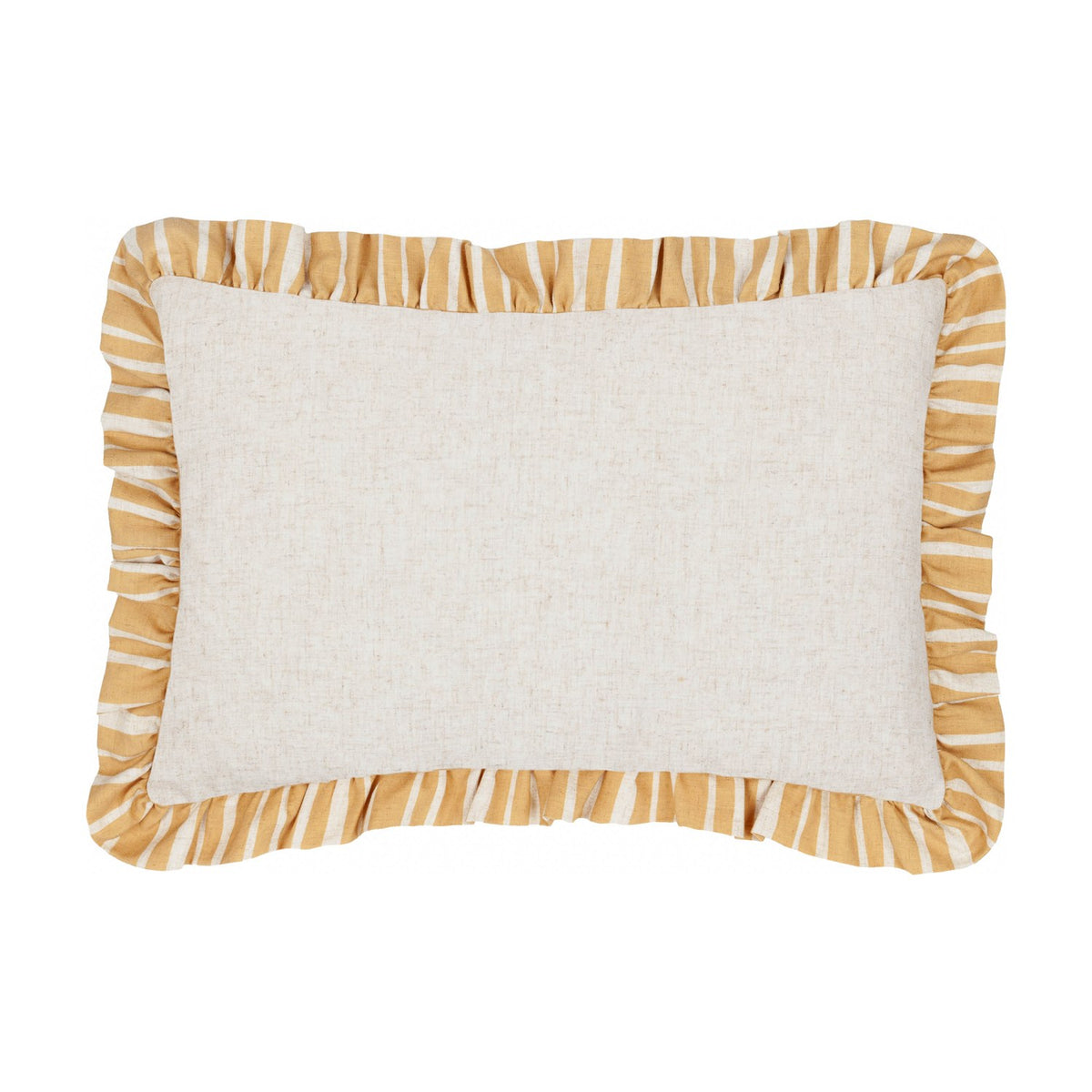 Carmon Stripe rectangular linen cushion in natural cream with an ochre and cream striped ruffle trim border, shown on a plain white background.