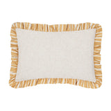 Carmon Stripe rectangular linen cushion in natural cream with an ochre and cream striped ruffle trim border, shown on a plain white background.