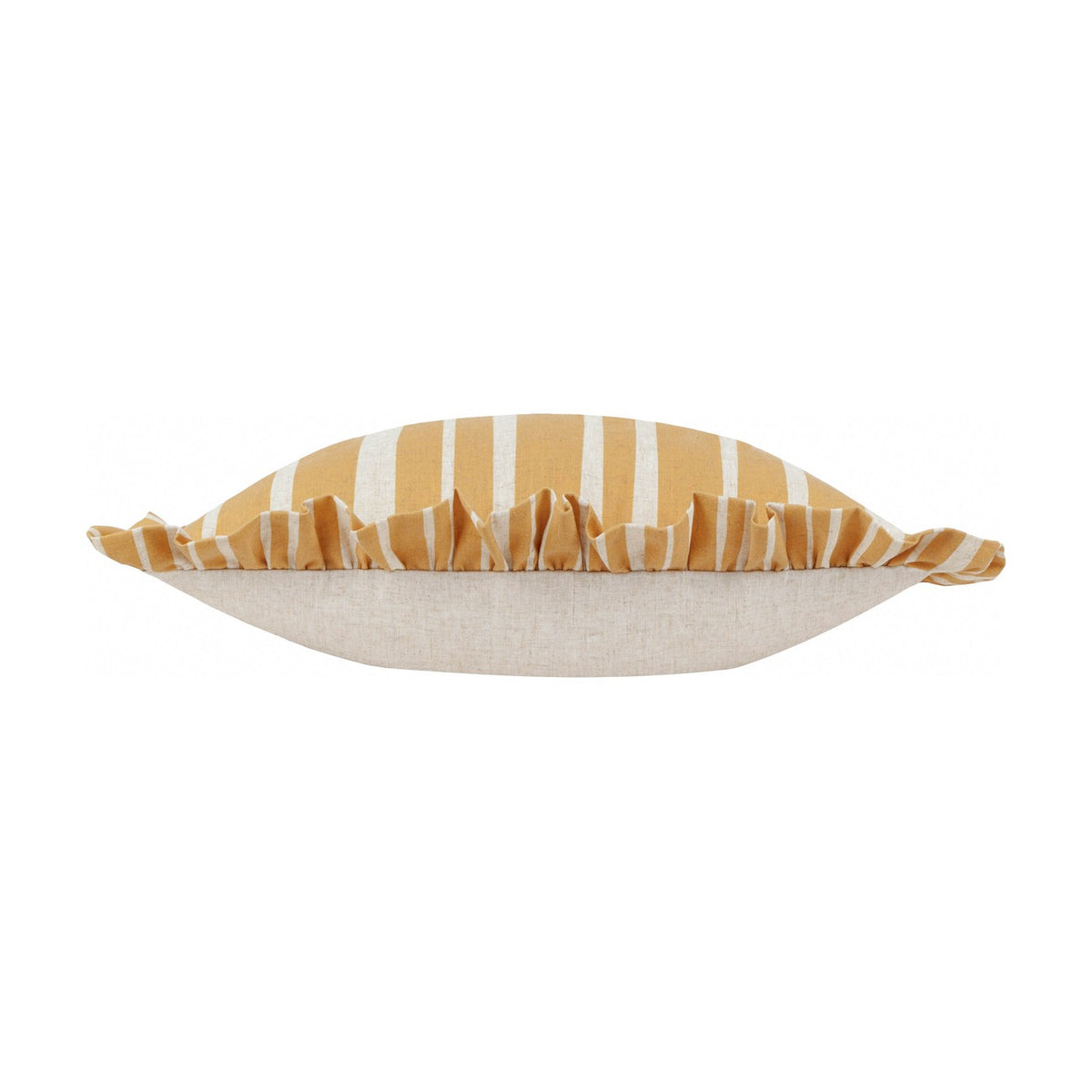 Carmon Stripe rectangular cushion shown side-on, with ochre and cream striped linen front, plain natural linen back, and a gathered ruffle trim, on a white background.