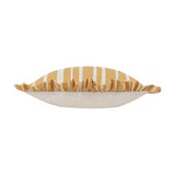Carmon Stripe rectangular cushion shown side-on, with ochre and cream striped linen front, plain natural linen back, and a gathered ruffle trim, on a white background.