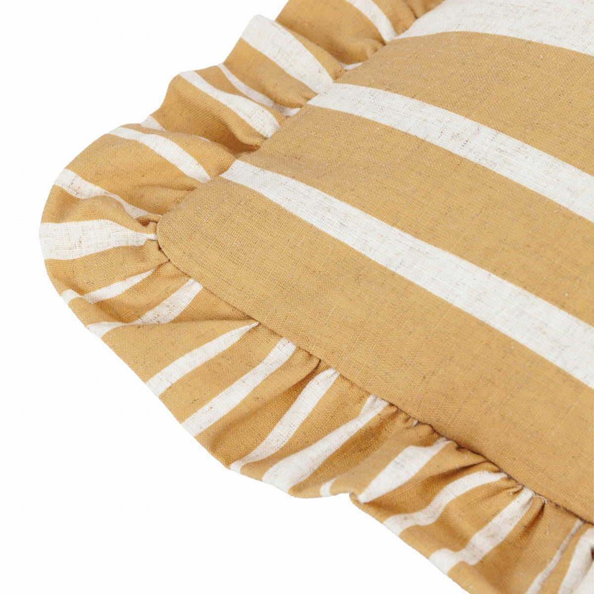 Close-up of the Carmon Stripe cushion corner in linen/ochre, showing cream vertical stripes and a gathered ruffle trim edge on a white background.