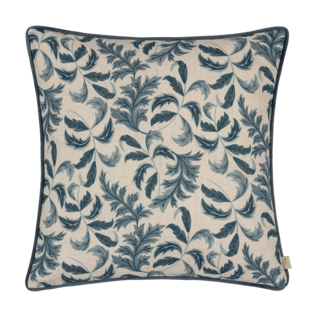 Chatsworth Topiary Velvet Linen Cushion in Petrol, square with piped edges, cream linen front printed with petrol blue leaf fronds, shown on a plain white background.