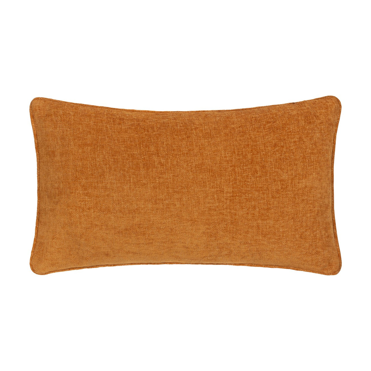 Rectangular polyester cushion in solid rust-orange textured fabric with piped edges, shown on a plain white background.