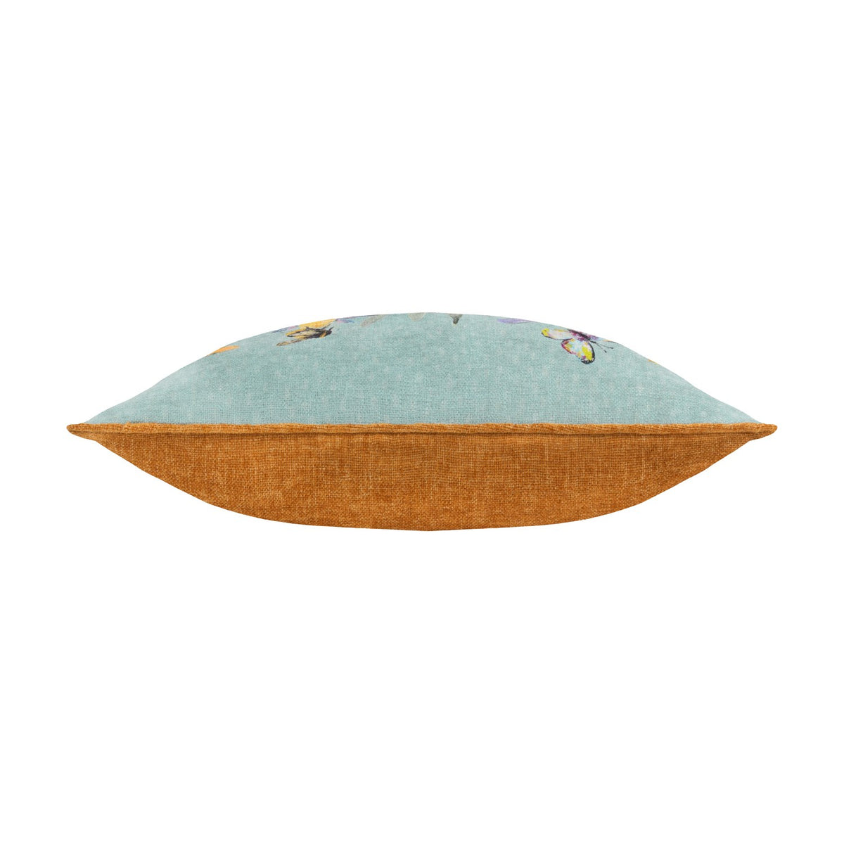 Side view of the Country Wilds Blossom Meadow polyester cushion, showing sky-blue floral fabric on one side and a plain rust orange reverse, set on a white background.