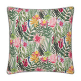 Square polyester cushion in Country Wilds Blossom design, featuring pink, yellow and red florals with green foliage on a cream ground, finished with grey piping.