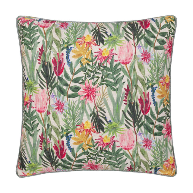 Square polyester cushion in Country Wilds Blossom design, featuring pink, yellow and red florals with green foliage on a cream ground, finished with grey piping.