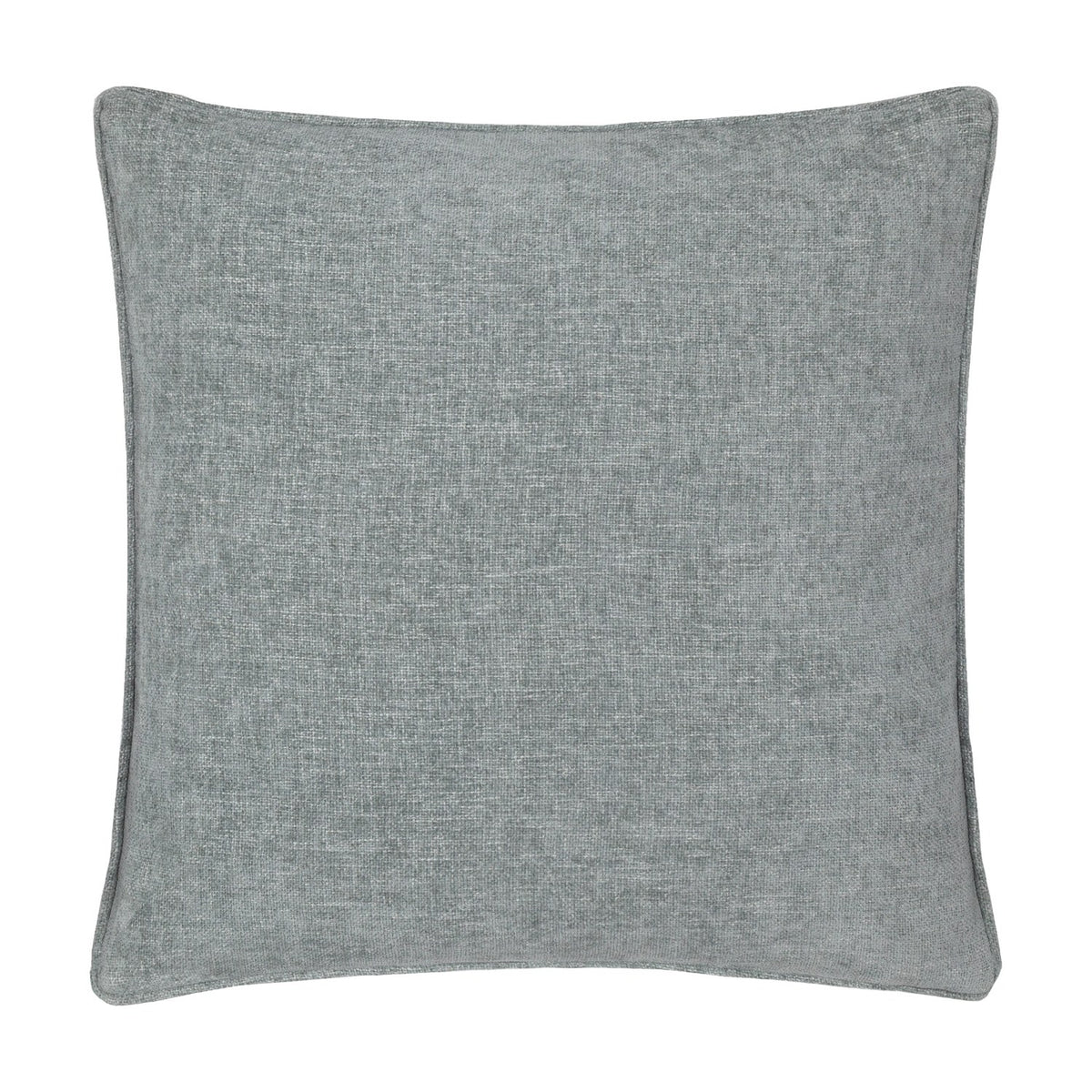Square textured cushion in plain grey woven fabric with piped edging, shown against a white background.