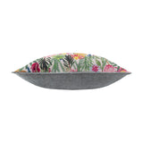 Country Wilds Blossom Floral polyester cushion shown side-on, showcasing plump edge with multicoloured floral front and plain grey woven reverse, set against a white background.