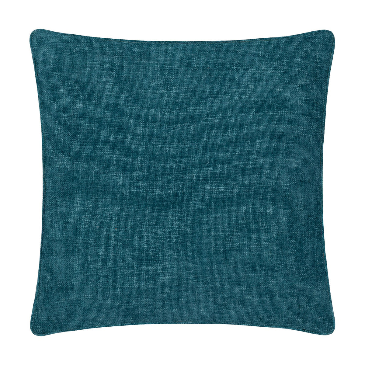 Square teal woven-texture polyester cushion shown plain-sided on a white background, illustrating the reverse of the Country Wilds Pheasant Bloom Gold cushion.