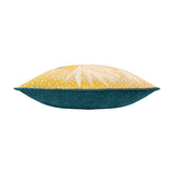 Side view of the Country Wilds Pheasant Bloom cushion showing its plump gold polyester front with a floral pattern and teal reverse, set against a plain white background.