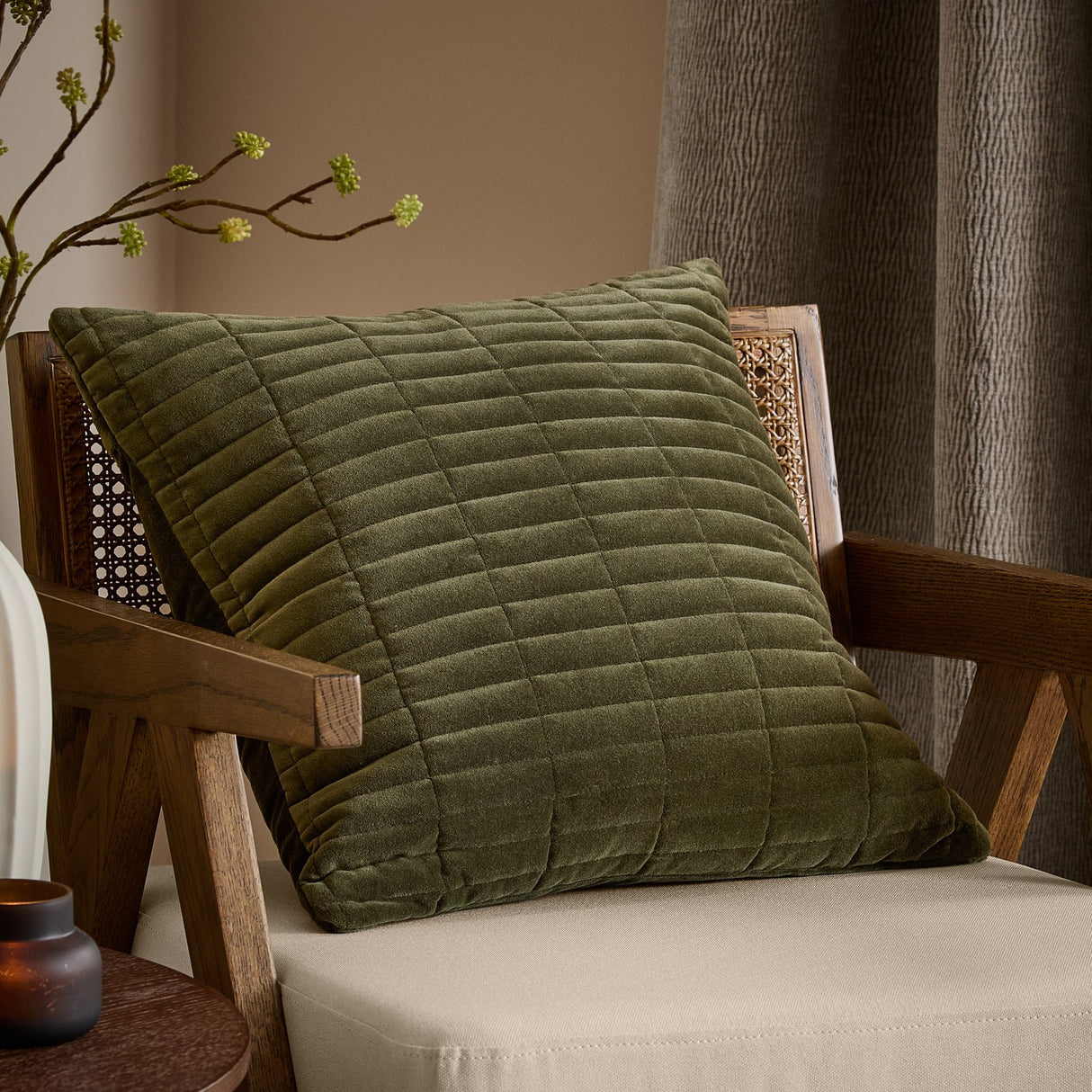 Dales Quilted Velvet Cotton Cushion - Lichen
