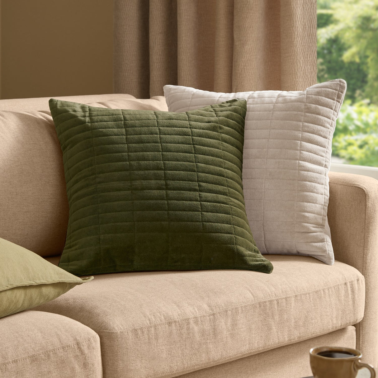 Dales Quilted Velvet Cotton Cushion - Lichen