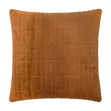 Dales Quilted Velvet Cotton Cushion in pecan brown, square with vertical channel stitching and horizontal seams creating a grid texture, shown on a plain white background.