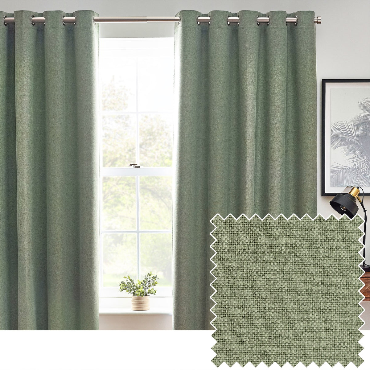 Dawn Plain Reversible Eyelet Curtains in Eucalyptus green, shown hanging by a window in a living room, with a fabric swatch showing the woven marl-textured polyester finish.