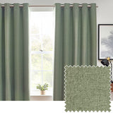 Dawn Plain Reversible Eyelet Curtains in Eucalyptus green, shown hanging by a window in a living room, with a fabric swatch showing the woven marl-textured polyester finish.