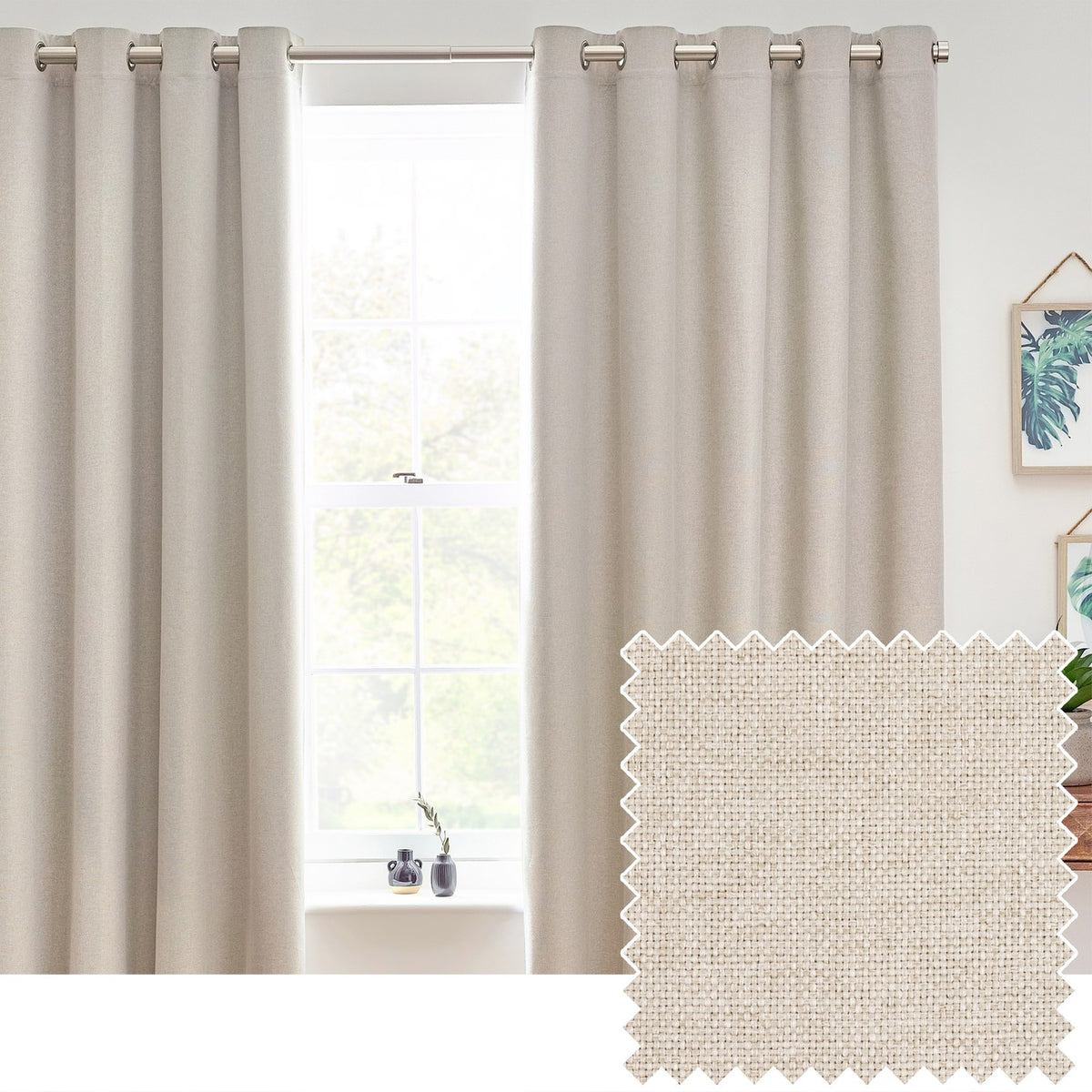 Dawn Linen Reversible Eyelet Curtains in natural marl-effect fabric, hung from an eyelet header on a brushed metal pole beside a window in a living room.