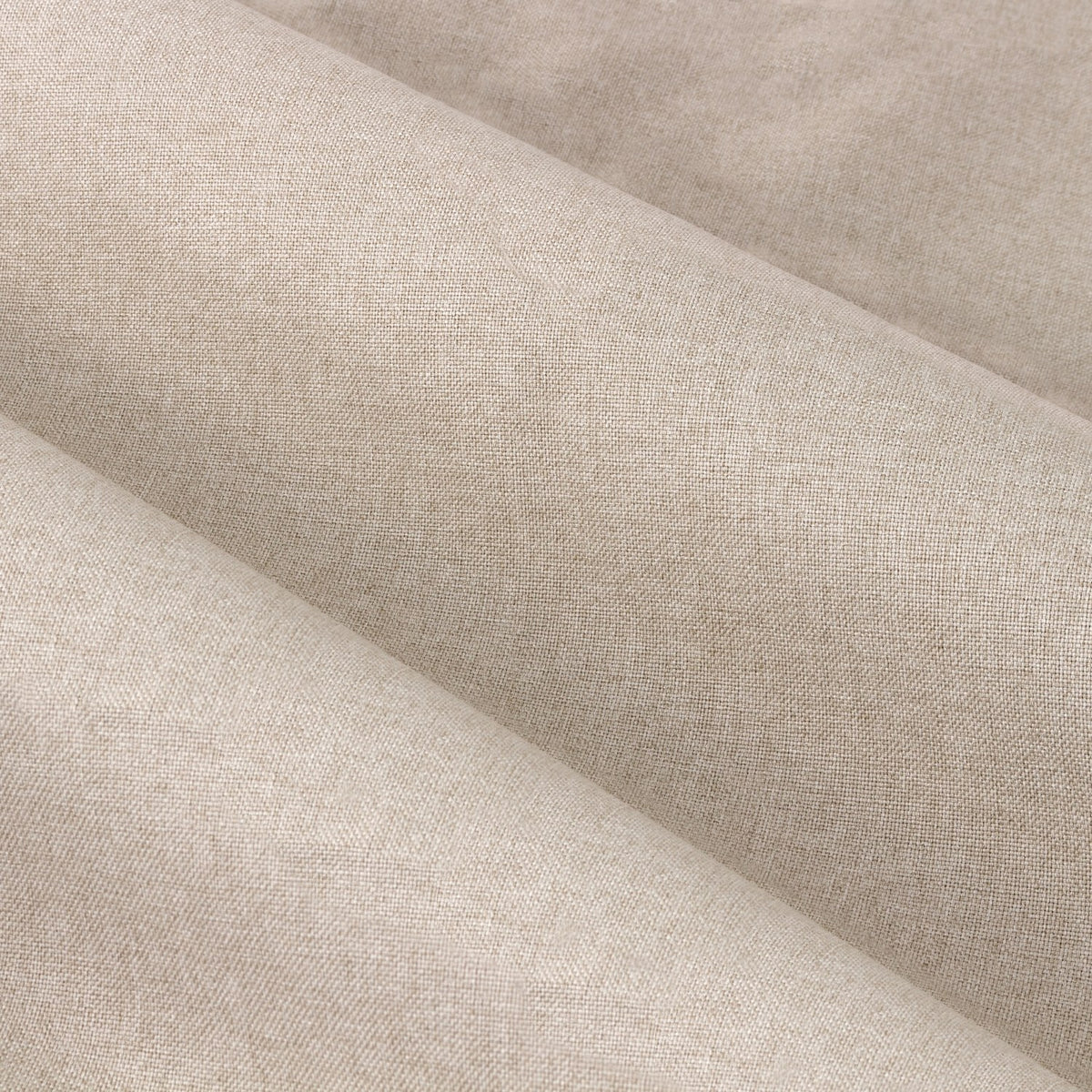 Close-up of Dawn Linen Reversible Eyelet Curtains fabric, showing a soft, woven marl-effect polyester texture in natural linen colour with a smooth folded drape.