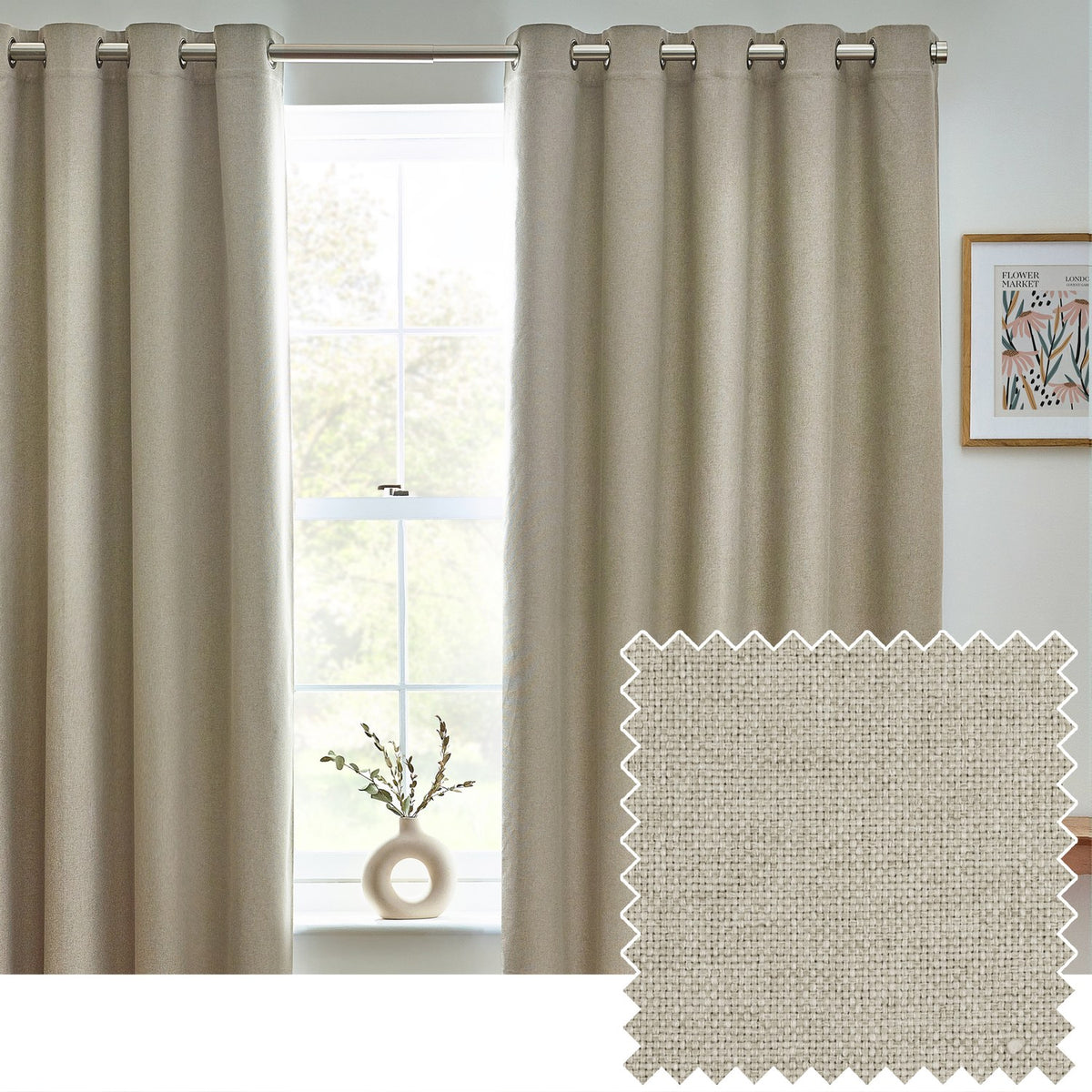 Dawn Plain Reversible Eyelet Curtains in natural marl fabric hanging from a metal pole beside a window, shown with a matching fabric swatch inset.