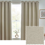 Dawn Plain Reversible Eyelet Curtains in natural marl fabric hanging from a metal pole beside a window, shown with a matching fabric swatch inset.