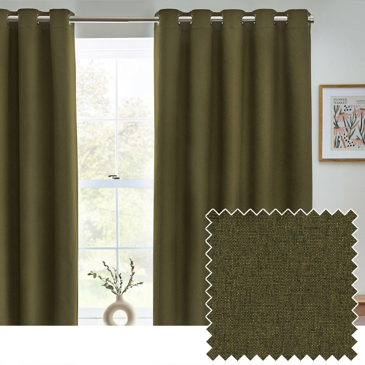 Dawn Plain Lined Eyelet Curtains in olive green with a faintly textured weave, shown hung on a metal pole in a living room window, with a fabric swatch inset.