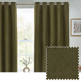 Dawn Plain Lined Eyelet Curtains in olive green with a faintly textured weave, shown hung on a metal pole in a living room window, with a fabric swatch inset.