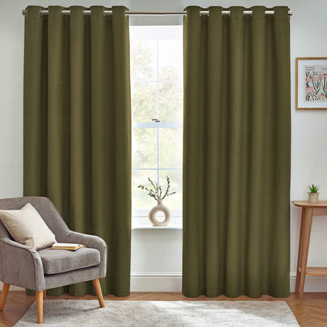 Dawn Plain Lined Eyelet Curtains - Olive
