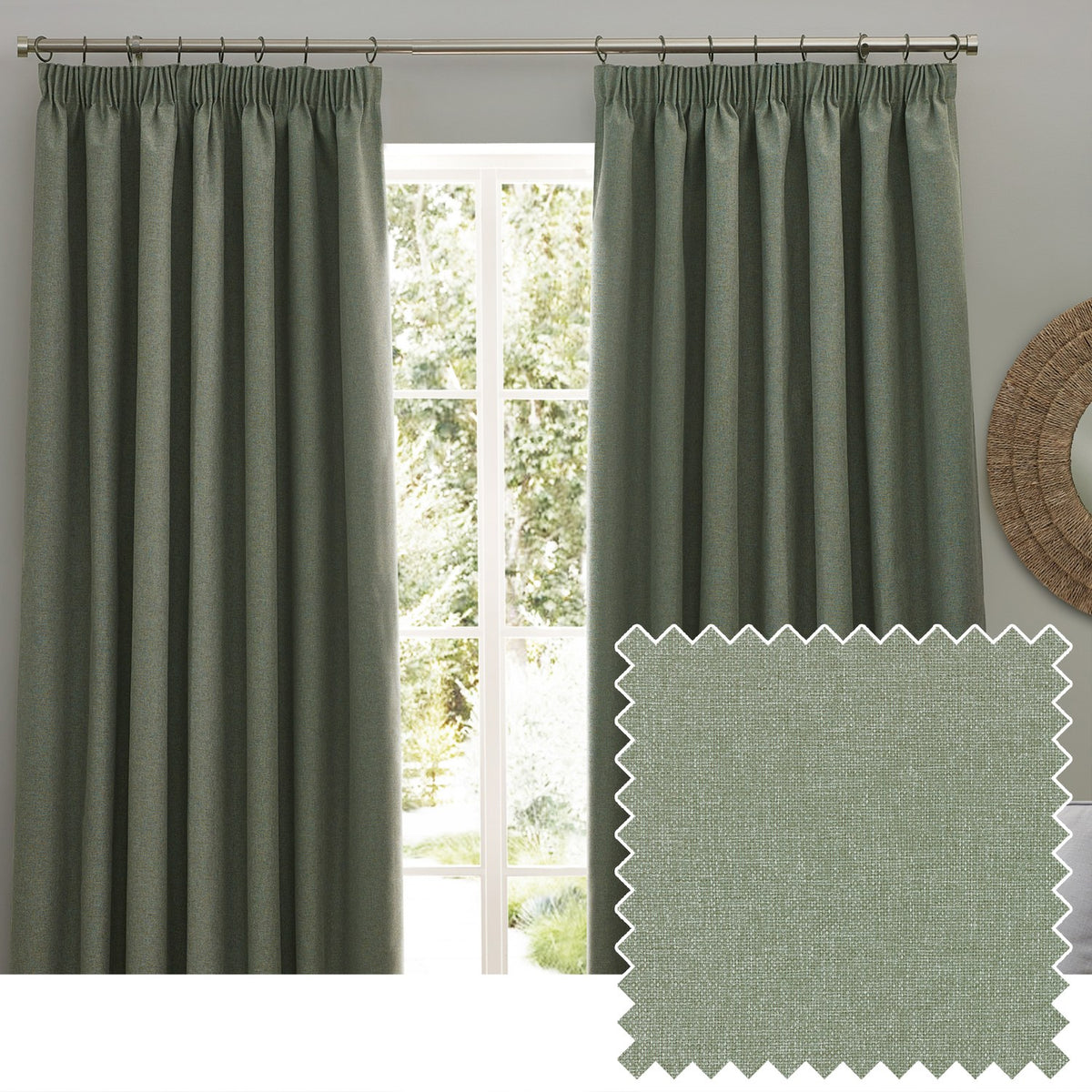 Dawn Reversible Pencil Pleat Curtains in eucalyptus green, full-length panels on a metal pole in a living room, with a fabric swatch showing the textured marl weave.