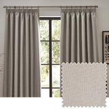 Dawn pencil pleat curtains in linen, shown as a pair with tape-top heading on a metal pole in a living room, with a beige woven fabric swatch inset.
