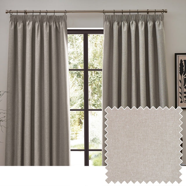 Dawn pencil pleat curtains in linen, shown as a pair with tape-top heading on a metal pole in a living room, with a beige woven fabric swatch inset.