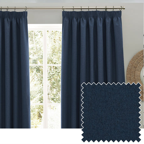 Dawn plain polyester pencil pleat curtains in midnight blue, shown hanging by a window with a fabric swatch showing the textured marl weave.