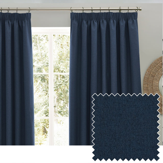 Dawn plain polyester pencil pleat curtains in midnight blue, shown hanging by a window with a fabric swatch showing the textured marl weave.