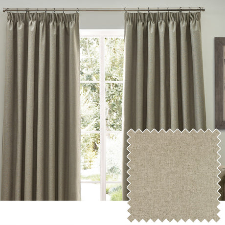 Dawn pencil pleat curtains in natural marl-effect polyester, shown as a pair hung by a window, with a fabric swatch inset showing the flecked oatmeal-beige weave.