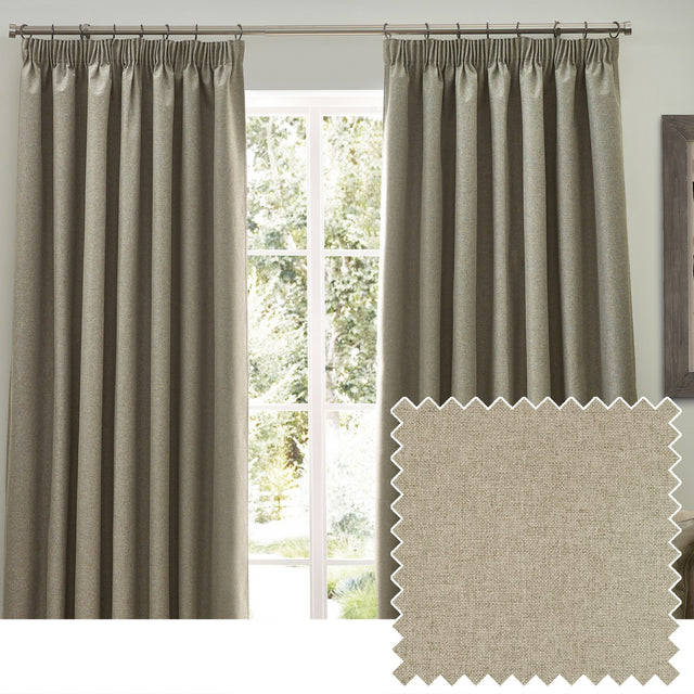 Dawn pencil pleat curtains in natural marl-effect polyester, shown as a pair hung by a window, with a fabric swatch inset showing the flecked oatmeal-beige weave.