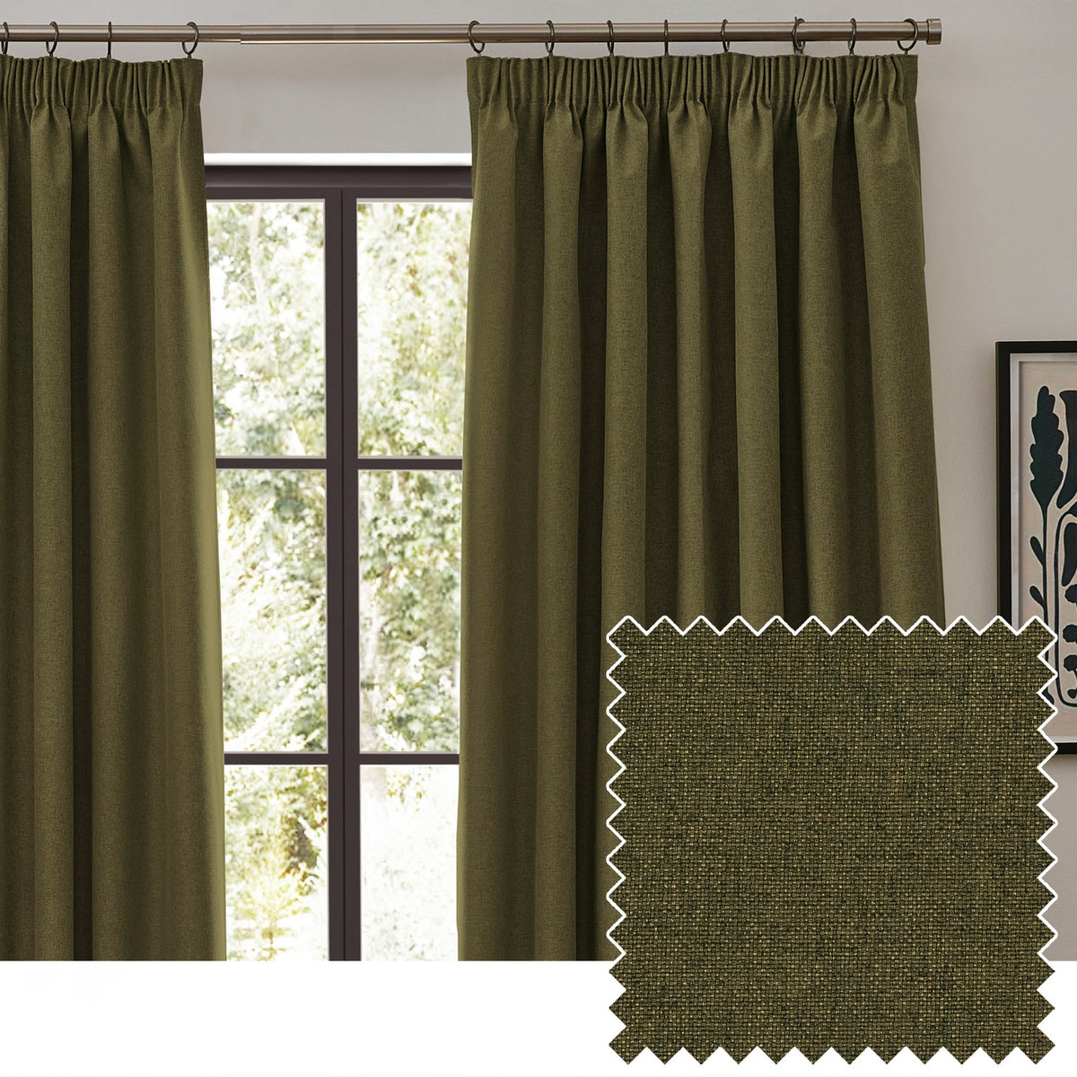 Dawn Plain Polyester Pencil Pleat Curtains in olive, shown hung by a window with pencil pleat heading on a metal rod, paired with a close-up of the textured marl fabric swatch.