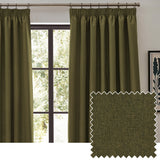 Dawn Plain Polyester Pencil Pleat Curtains in olive, shown hung by a window with pencil pleat heading on a metal rod, paired with a close-up of the textured marl fabric swatch.
