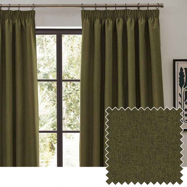 Dawn Plain Polyester Pencil Pleat Curtains in olive, shown hung by a window with pencil pleat heading on a metal rod, paired with a close-up of the textured marl fabric swatch.