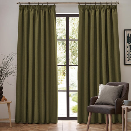 Dawn Plain Polyester Pencil Pleat Curtains - Olive